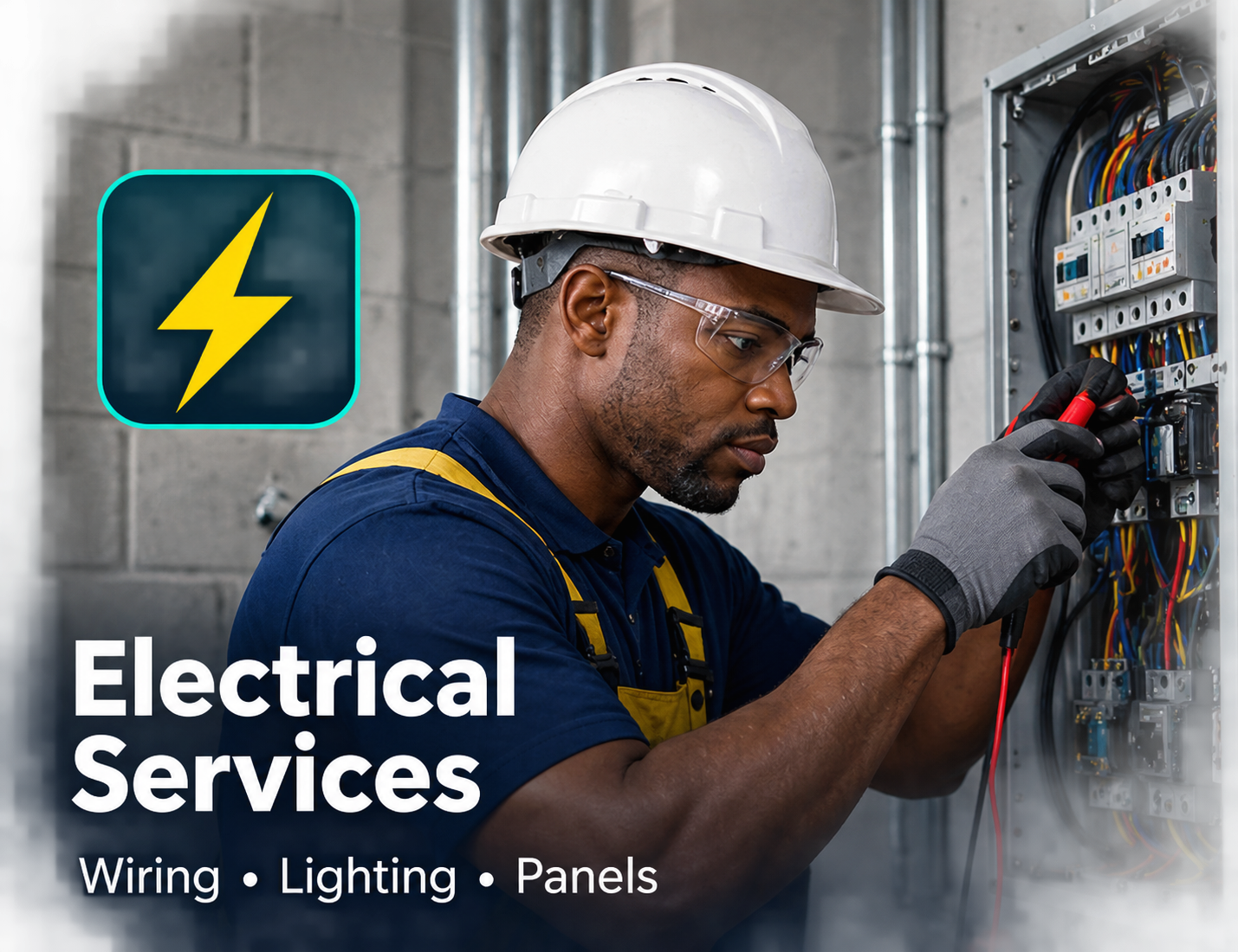 Illustrated electrician working on an electrical panel
