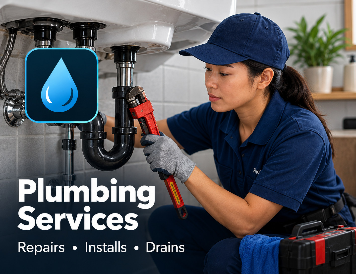 Illustrated plumber working on pipes