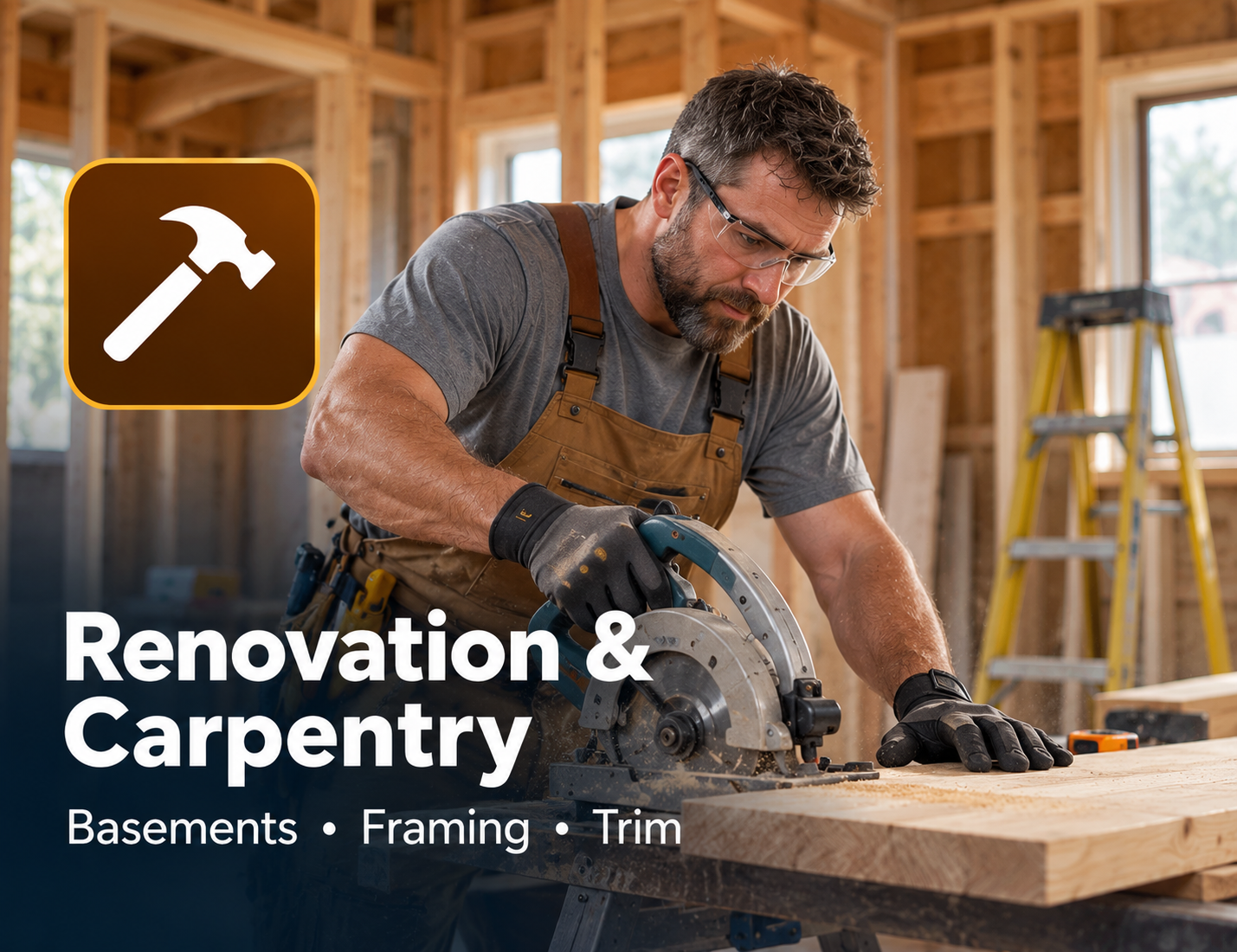 Illustrated carpenter working on a renovation project
